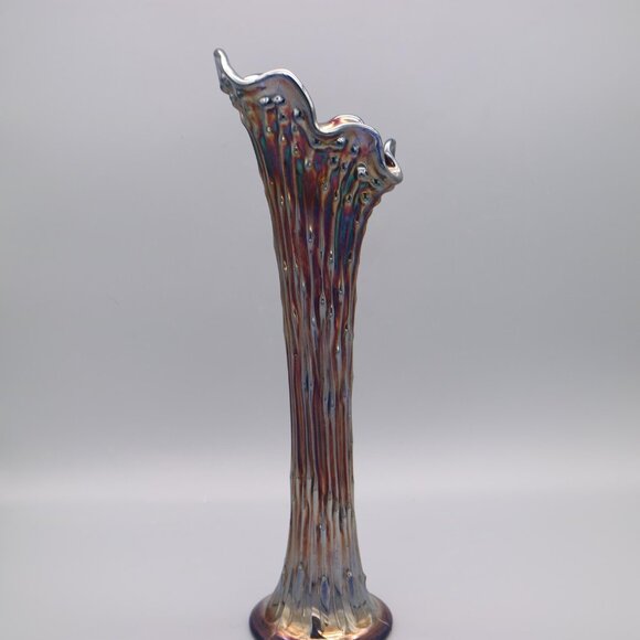 Fenton Carnival Glass 13" Flower Swung Vase Iridescent Blue April Showers - Picture 6 of 8